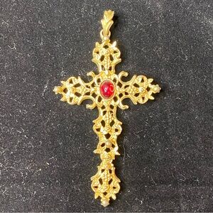 Vintage GUC, Avon Elegant Gold Tone Cross Pendant with Red Cabochon